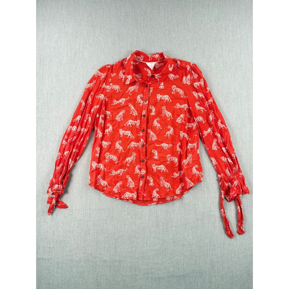 Anthropologie Margaret Jeane Tiger Print Red Button Down Tie Cuff Blouse 6